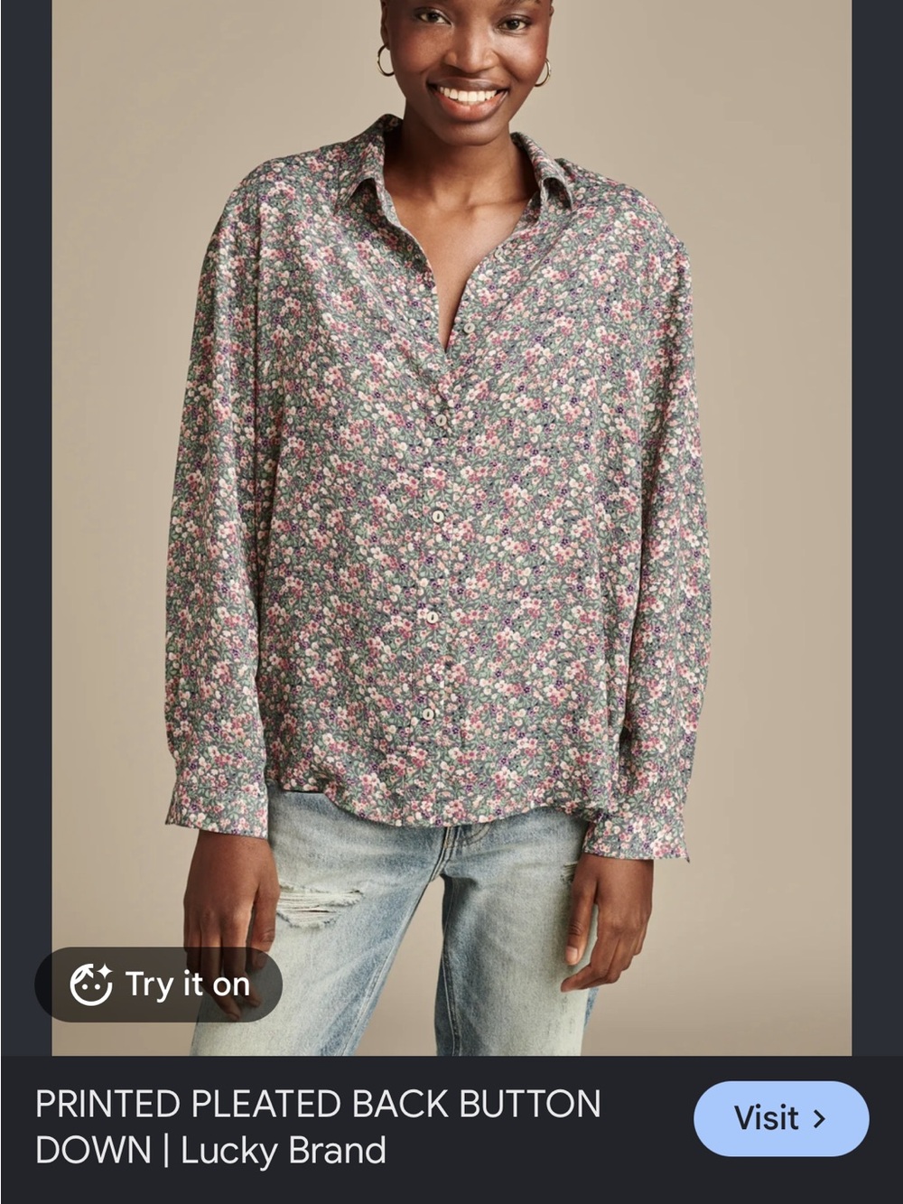 Lucky Brand Green and Pink Floral Button-Down Shirt